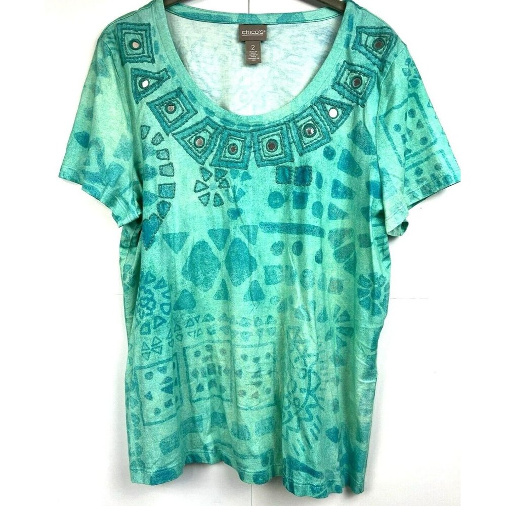 Chicos Womens Top Size 2 Large Blue Mirror Abstract Cap Sleeve Pullover Stretch